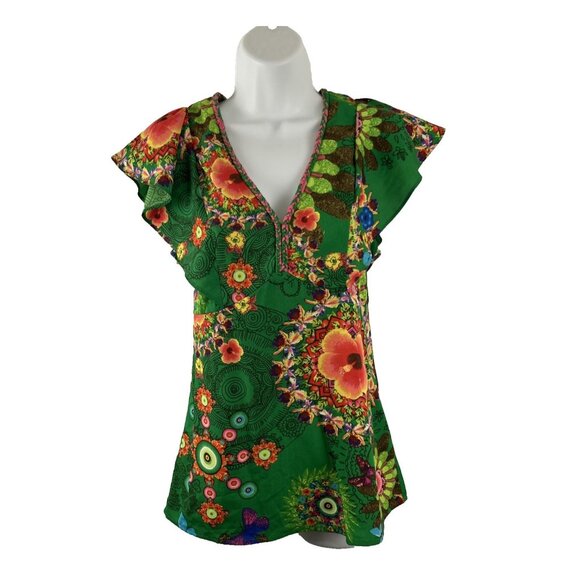 Desigual Green Floral Island Boho Blouse Women's Size S - Picture 1 of 11